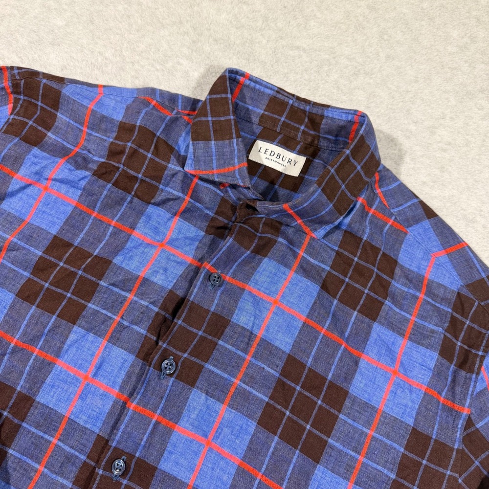 Ledbury Alden Shirt Mens 17.5-35 Blue Brown Plaid Linen Blend
